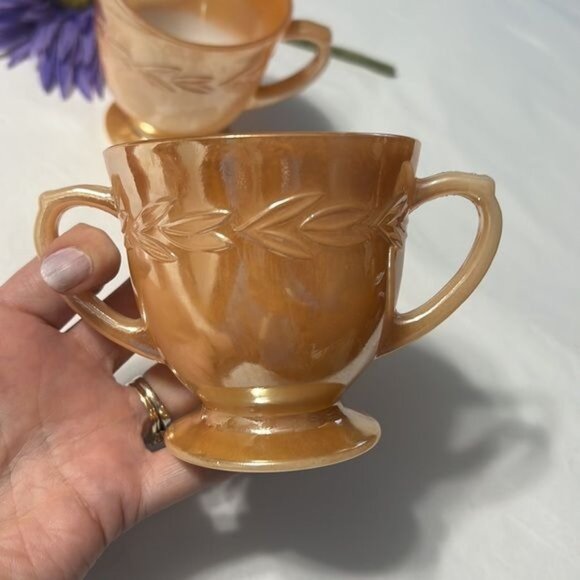 Vintage Fire-King Peach Lustre Creamer & Sugar Set With Laurel Pattern - Picture 3 of 8